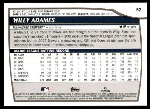 2023 Topps Big League #52 Willy Adames NM-MT Brewers ID:51507 - Baseball Card Single