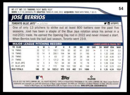 2023 Topps Big League #54 Jose Berrios NM-MT Blue Jays ID:51569 - Baseball Card Single