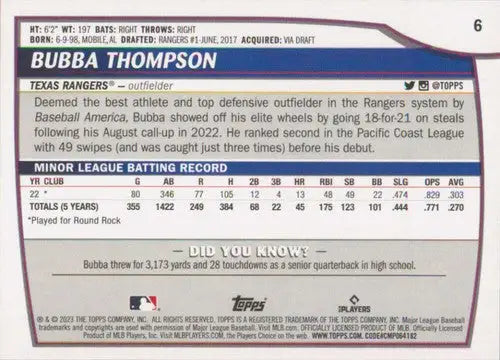 Original gloss Bubba Thompson baseball card from Topps Big League 2023 Rookie Rangers