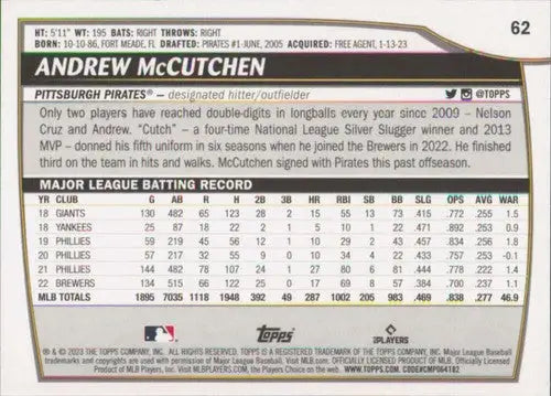 2023 Topps Big League #62 Andrew McCutchen NM-MT Pirates ID:51464 - Baseball Card Single