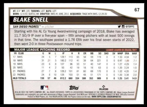 2023 Topps Big League #67 Blake Snell NM-MT Padres ID:56349 - Baseball Card Single