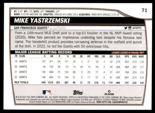 Baseball card back from 2023 Topps Big League Mike Yastrzemski Giants NM-MT