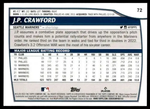 Original gloss J.P. Crawford baseball card from Topps Big League 2023 Mariners collection