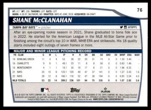 Baseball card back from 2023 Topps Big League Shane McClanahan Rays NM-MT