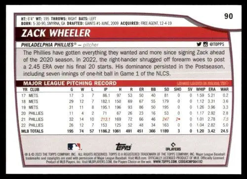 Original gloss Zack Wheeler baseball card from 2023 Topps Big League Phillies collection