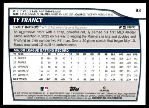 2023 Topps Big League #93 Ty France NM-MT Mariners ID:51528 - Baseball Card Single