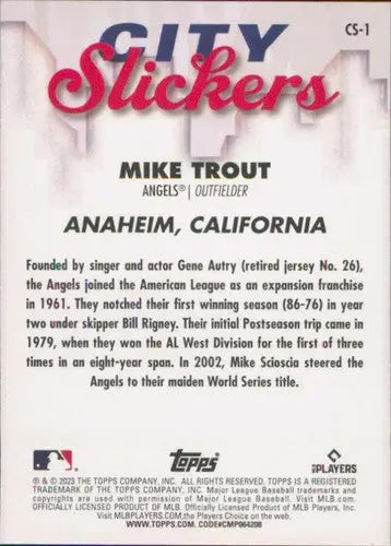 Original gloss of Mike Trout baseball card from 2023 Topps Big League City Slickers series