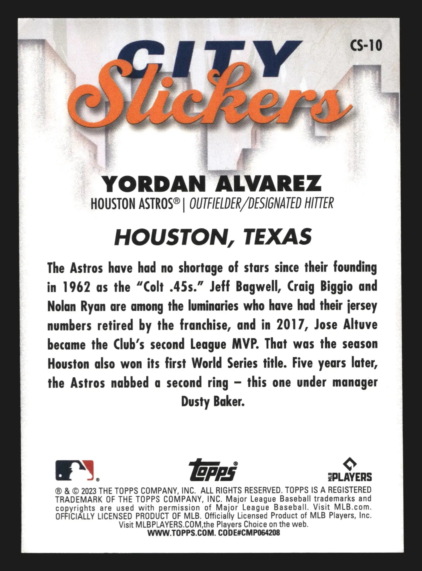 2023 Topps Big League City Slickers #CS-10 Yordan Alvarez - Baseball Card Single