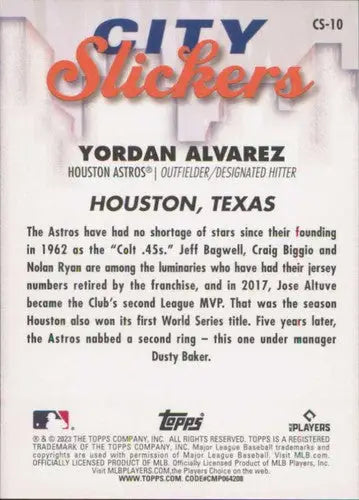 Yordan Alvarez baseball card back from 2023 Topps Big League City Slickers series