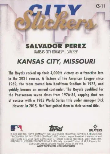 Baseball card back featuring original gloss from 2023 Topps Big League City Slickers Salvador Perez Royals