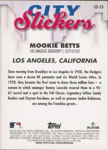2023 Topps Big League City Slickers #CS-13 Mookie Betts NM-MT Dodgers ID:53243 - Baseball Card Single