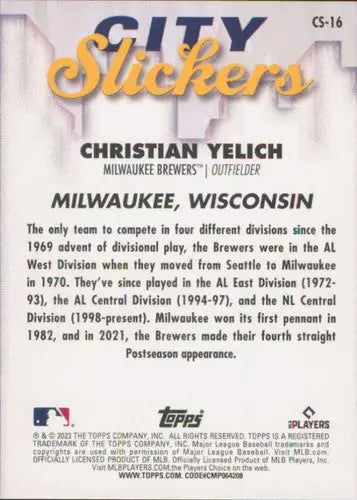 2023 Topps Big League City Slickers #CS-16 Christian Yelich NM-MT Brewe ID:51417 - Baseball Card Single