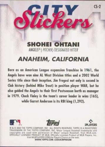 2023 Topps Big League City Slickers #CS-2 Shohei Ohtani NM-MT Angels ID:53241 - Baseball Card Single