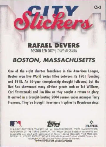 Rafael Devers baseball card back from 2023 Topps Big League City Slickers series