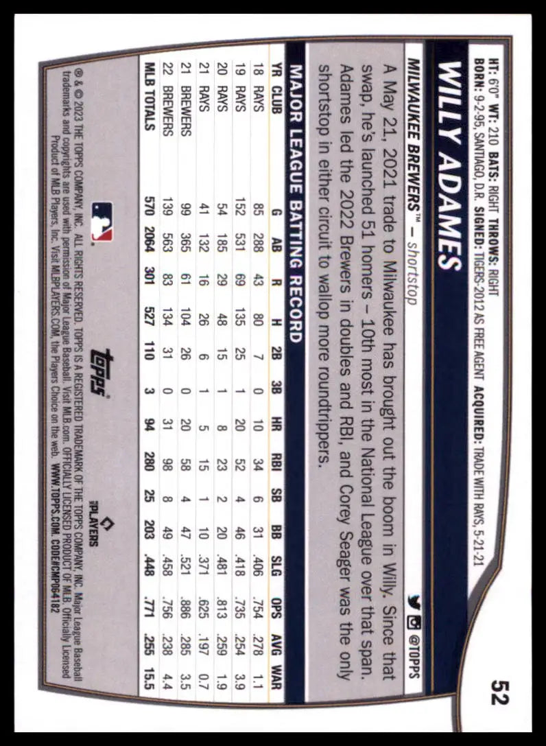 2023 Topps Big League - Electric Orange Willy Adames 52 Milwaukee Brewers NM - Baseball Card Single
