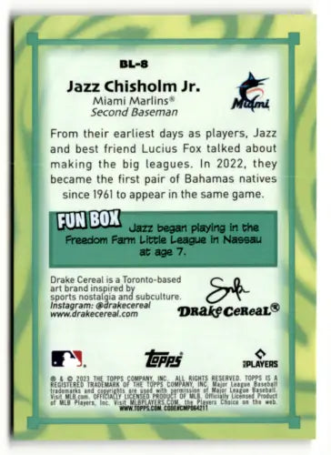 Jazz Chisholm Jr. baseball card back from 2023 Topps Big League Big Leaguers series
