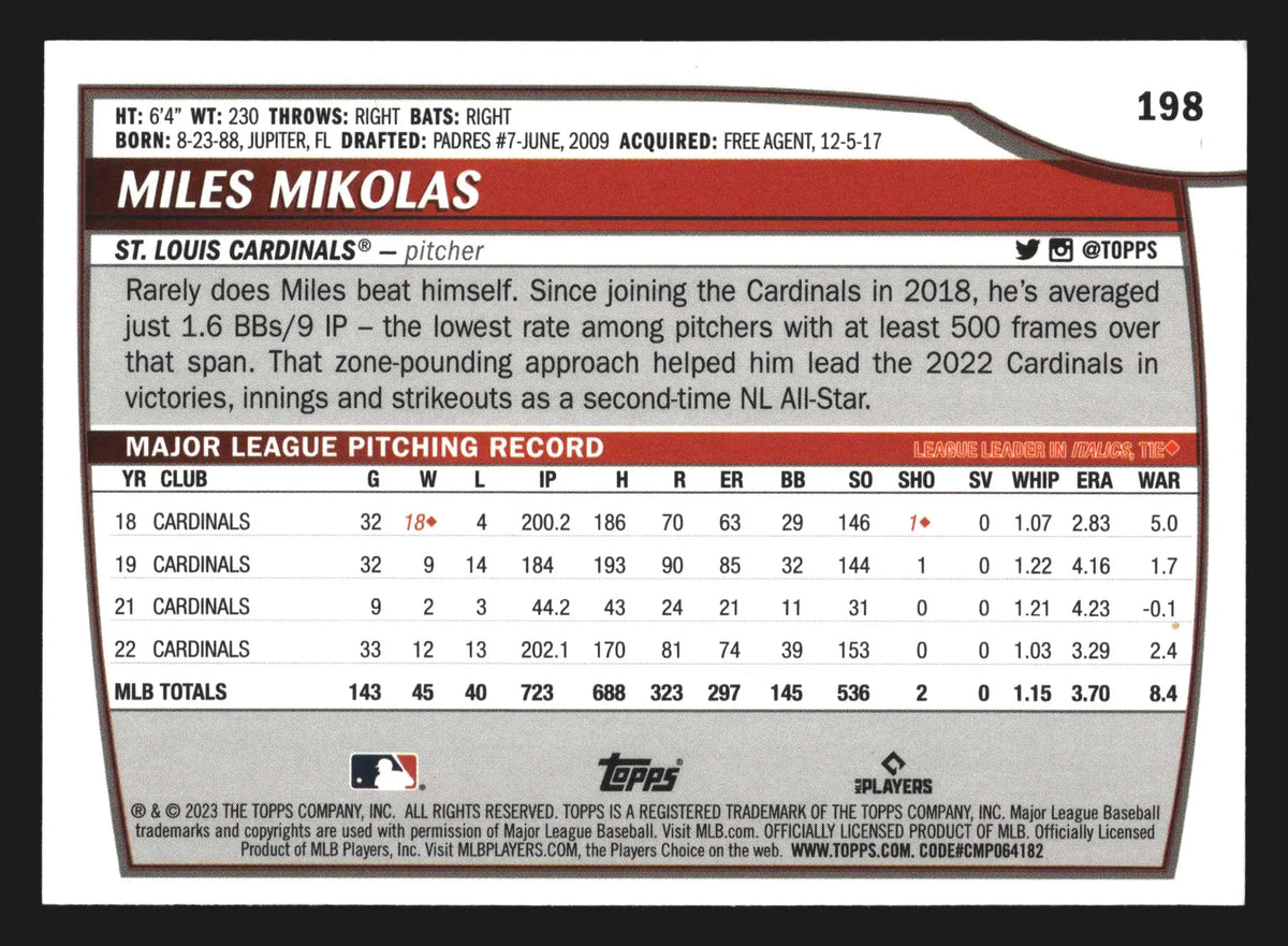 2023 Topps Big League Miles Mikolas #198 St. Louis Cardinals - Baseball Card Single