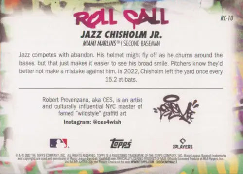 Baseball card back from 2023 Topps Big League Roll Call Wildstyle Edition #RC-10 Jazz Chisholm
