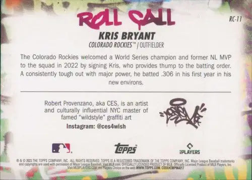 Baseball card back with original gloss from 2023 Topps Big League Roll Call Wildstyle Edition