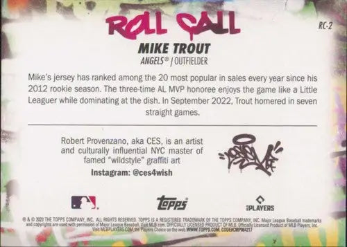 Baseball card back featuring 2023 Topps Big League Roll Call Wildstyle Edition Mike Trout