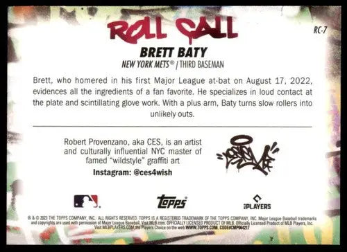 Baseball card back with original gloss from Topps Big League Roll Call Wildstyle Edition