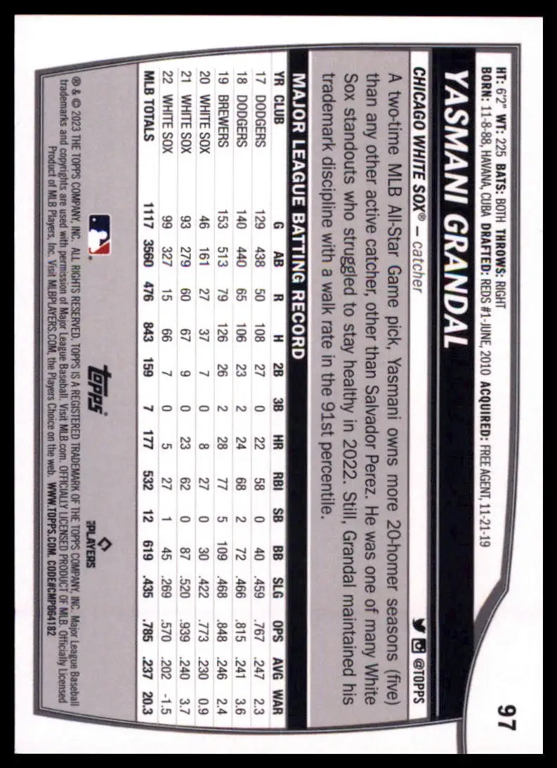 2023 Topps Big League Yasmani Grandal 97 Chicago White Sox NM - Baseball Card Single
