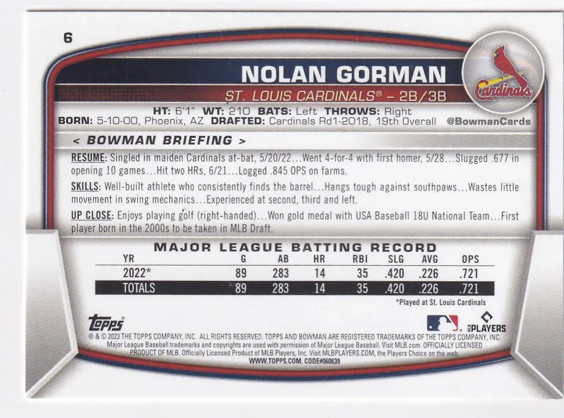 2023 TOPPS BOWMAN #6 NOLAN GORMAN- ST LOUIS CARDINALS - Baseball Card Single