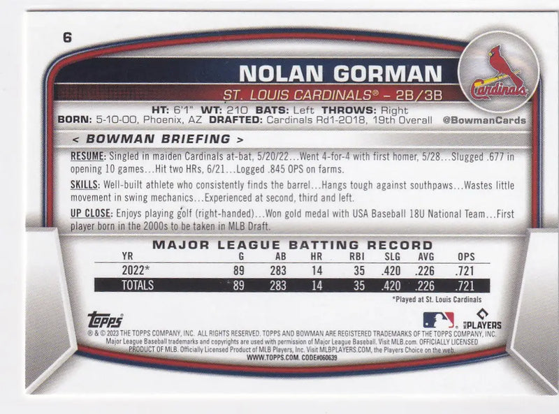 2023 TOPPS BOWMAN #6 NOLAN GORMAN- ST LOUIS CARDINALS - Baseball Card Single
