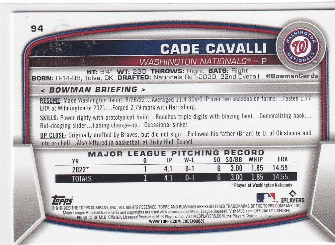 2023 TOPPS BOWMAN #94 CADE CAVALLI- WASHINGTON NATIONALS - Baseball Card Single