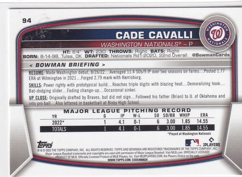 2023 TOPPS BOWMAN #94 CADE CAVALLI- WASHINGTON NATIONALS - Baseball Card Single