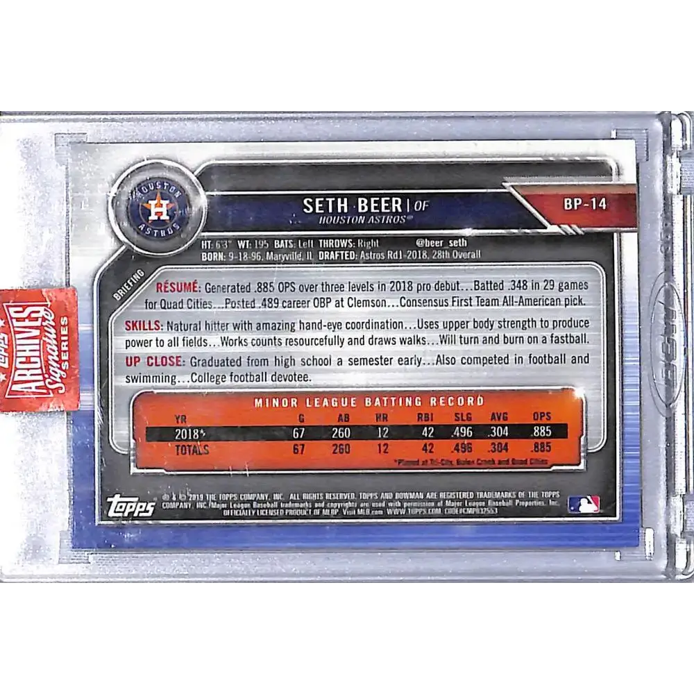 2023 Topps Bowman Archives Signature #BP-14 Seth Beer NM-MT Auto 44/65 Houston Astros - Baseball Card Single