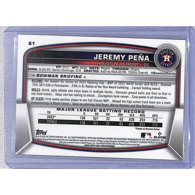 2023 Topps Bowman Chrome #61 Jeremy Pena NM-MT Houston Astros - Baseball Card Single