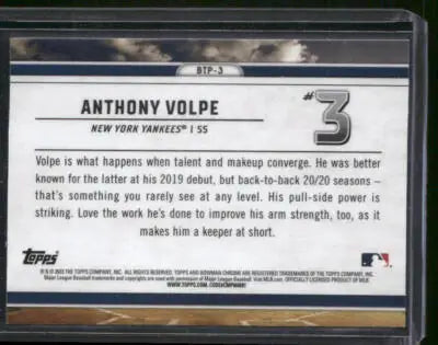 2023 Topps Bowman Chrome Anthony Volpe #BTP-3 Bowman Scouts Top 100 Baseball - Baseball Card Single