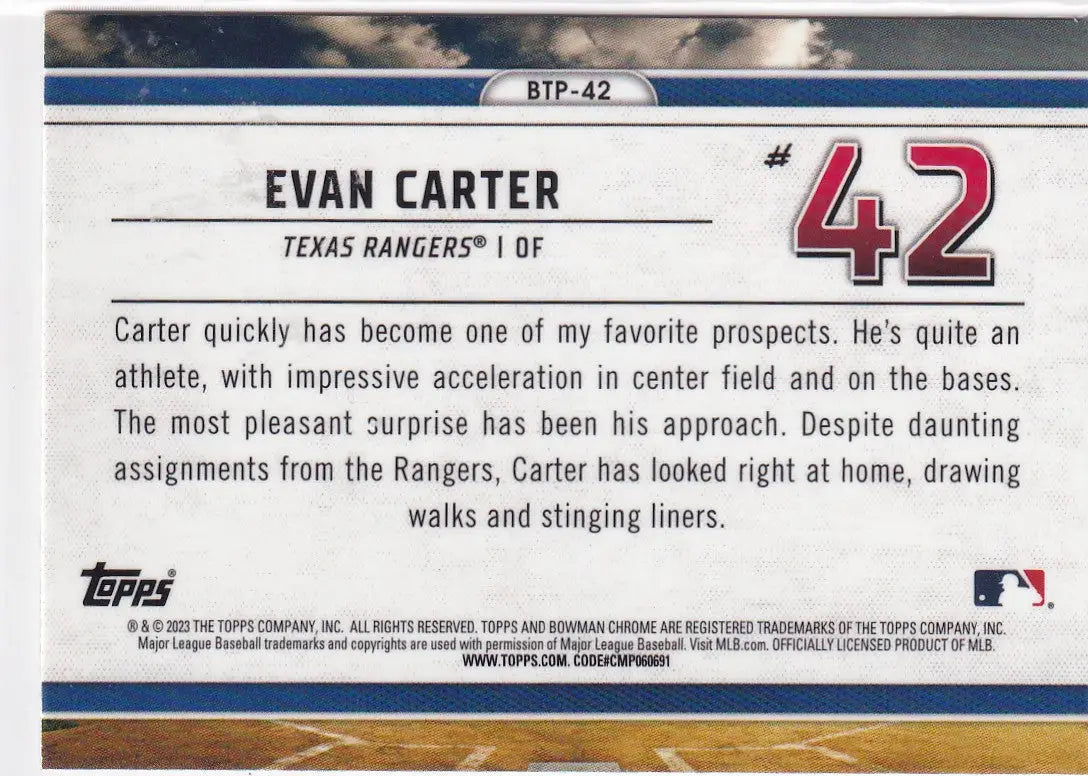 2023 TOPPS BOWMAN CHROME #BTP-42 EVAN CARTER TOP 100- TEXAS RANGERS - Baseball Card Single