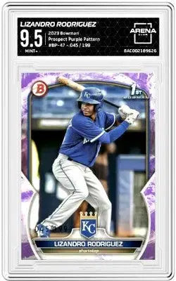 Graded Bowman Lizandro Rodriguez baseball trading card with prospects purple pattern 045/199
