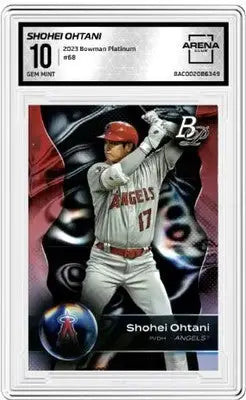 A graded Bowman Platinum Shohei Ohtani baseball trading card from 2023 Topps Bowman Platinum