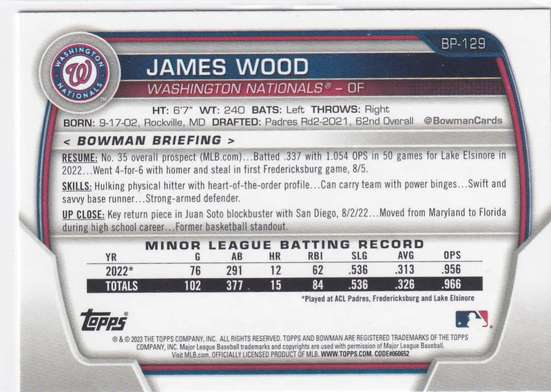 2023 TOPPS #BP-129 JAMES WOOD- WASHINGTON NATIONALS - Baseball Card Single