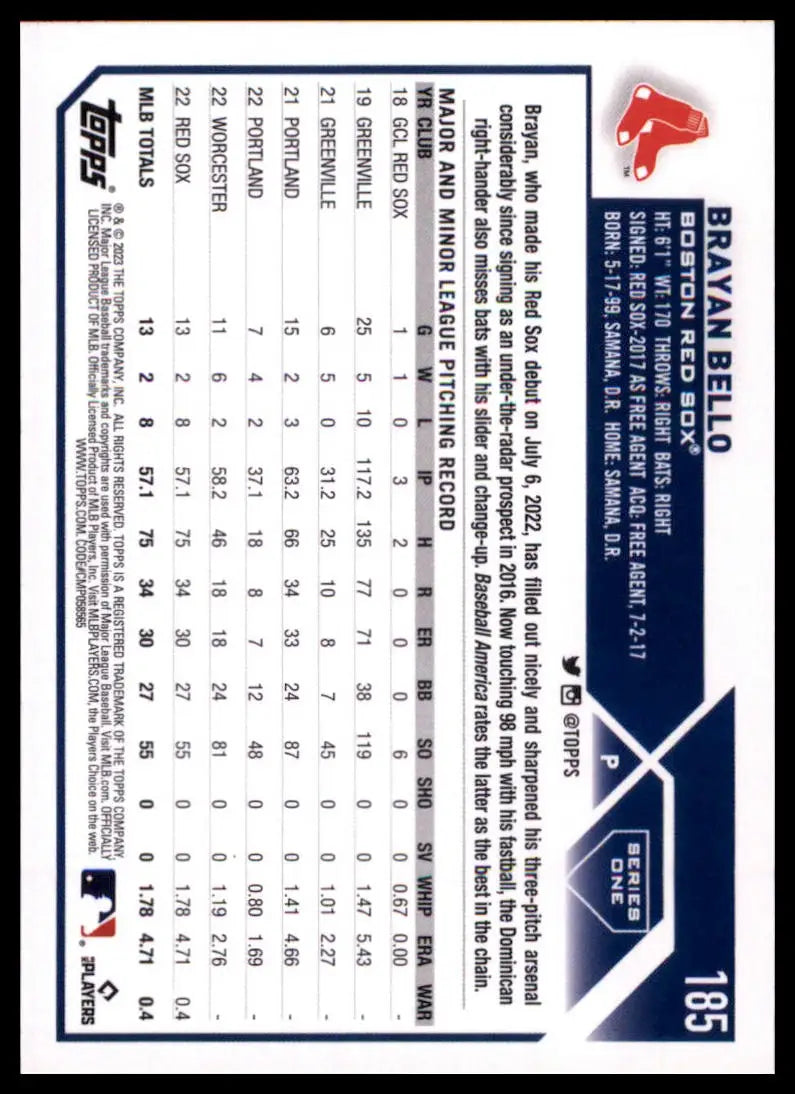 2023 Topps Brayan Bello RC 185 Boston Red Sox Baseball NM - Baseball Card Single