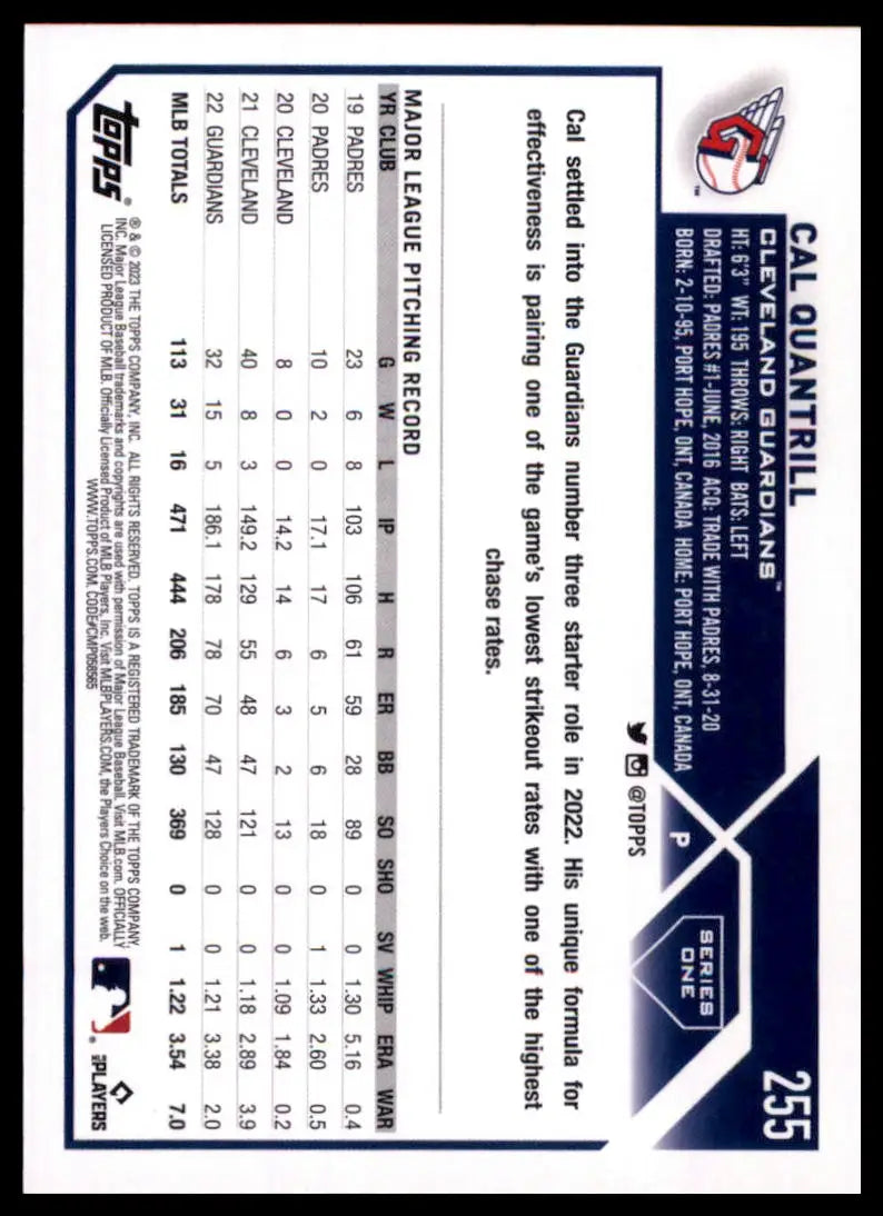 2023 Topps Cal Quantrill 255 Cleveland Guardians Baseball NM - Baseball Card Single