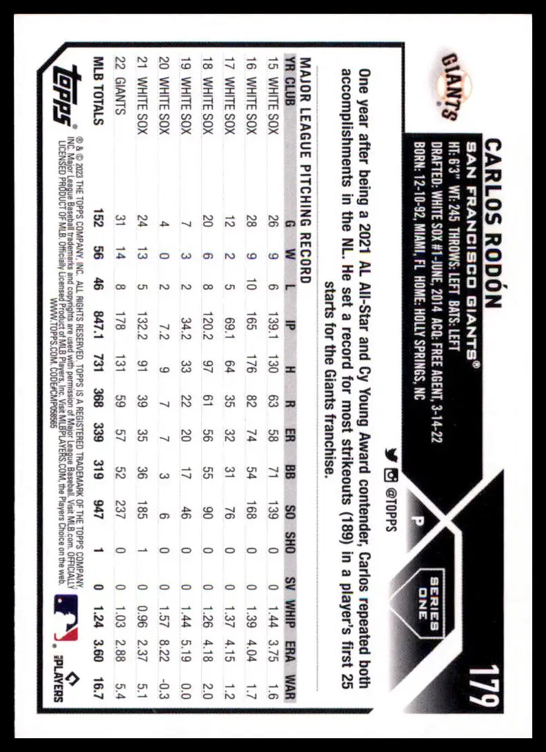 2023 Topps Carlos Rodón 179 San Francisco Giants Baseball NM - Baseball Card Single