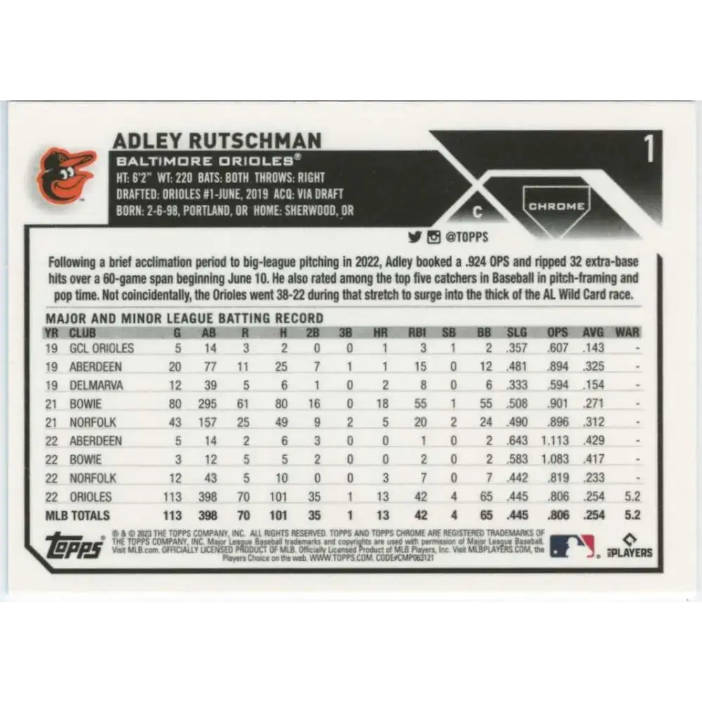2023 Topps Chrome #1 Adley Rutschman NM-MT RC Rookie Baltimore Orioles Baseball Card - Baseball Card Single