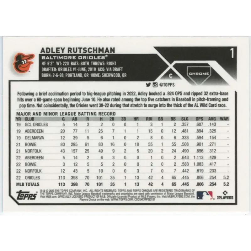 2023 Topps Chrome #1 Adley Rutschman NM-MT RC Rookie Baltimore Orioles Baseball Card - Baseball Card Single