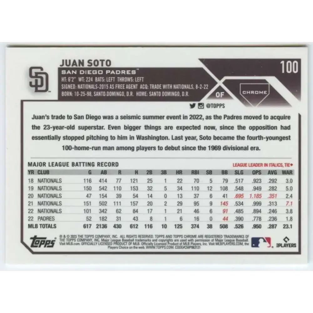 2023 Topps Chrome #100 Juan Soto NM-MT San Diego Padres Baseball Card - Baseball Card Single