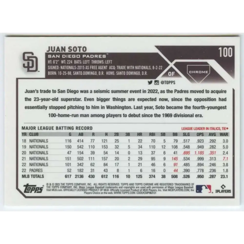 2023 Topps Chrome #100 Juan Soto NM-MT San Diego Padres Baseball Card - Baseball Card Single