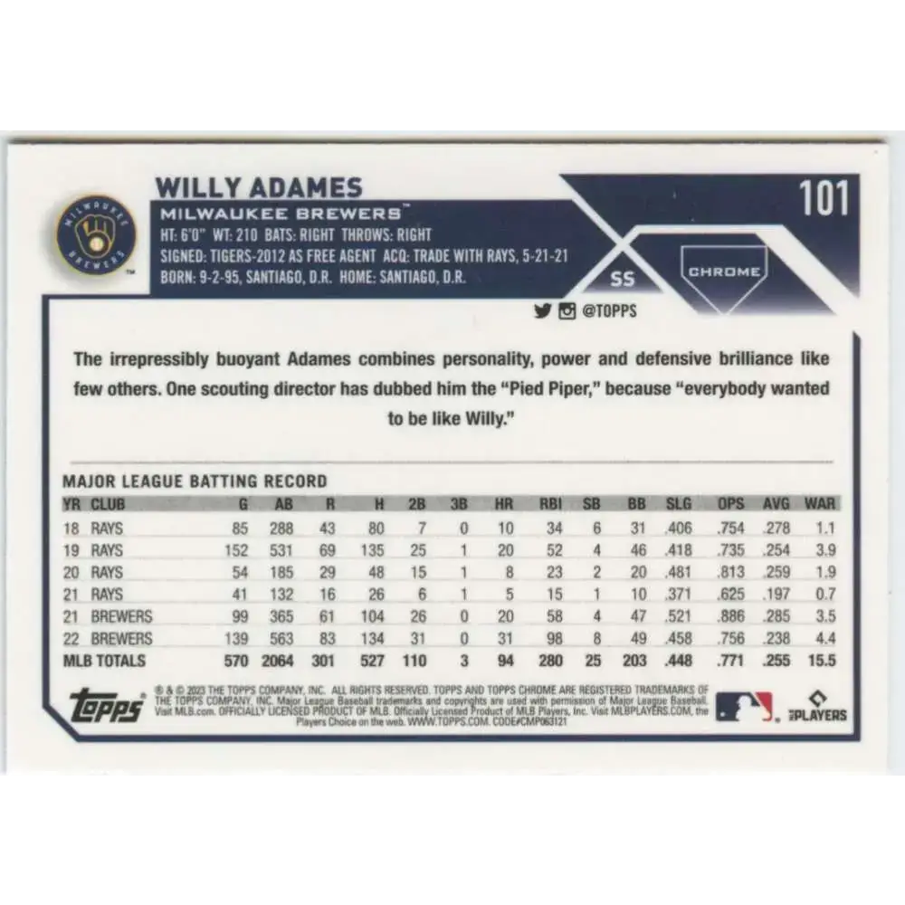 2023 Topps Chrome #101 Willy Adames NM-MT Milwaukee Brewers Baseball Card - Baseball Card Single
