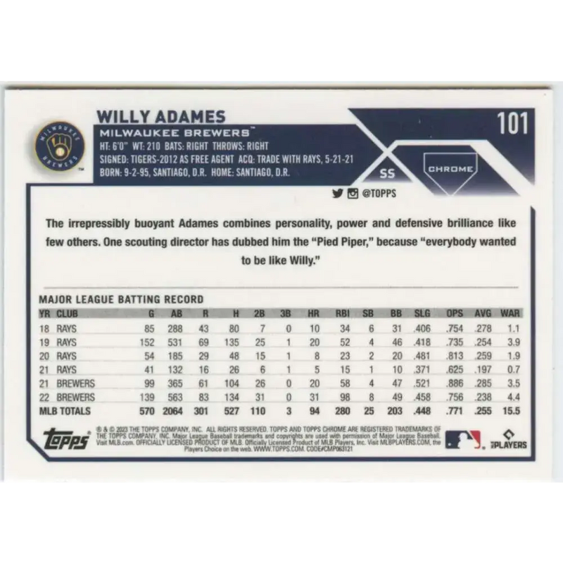 2023 Topps Chrome #101 Willy Adames NM-MT Milwaukee Brewers Baseball Card - Baseball Card Single