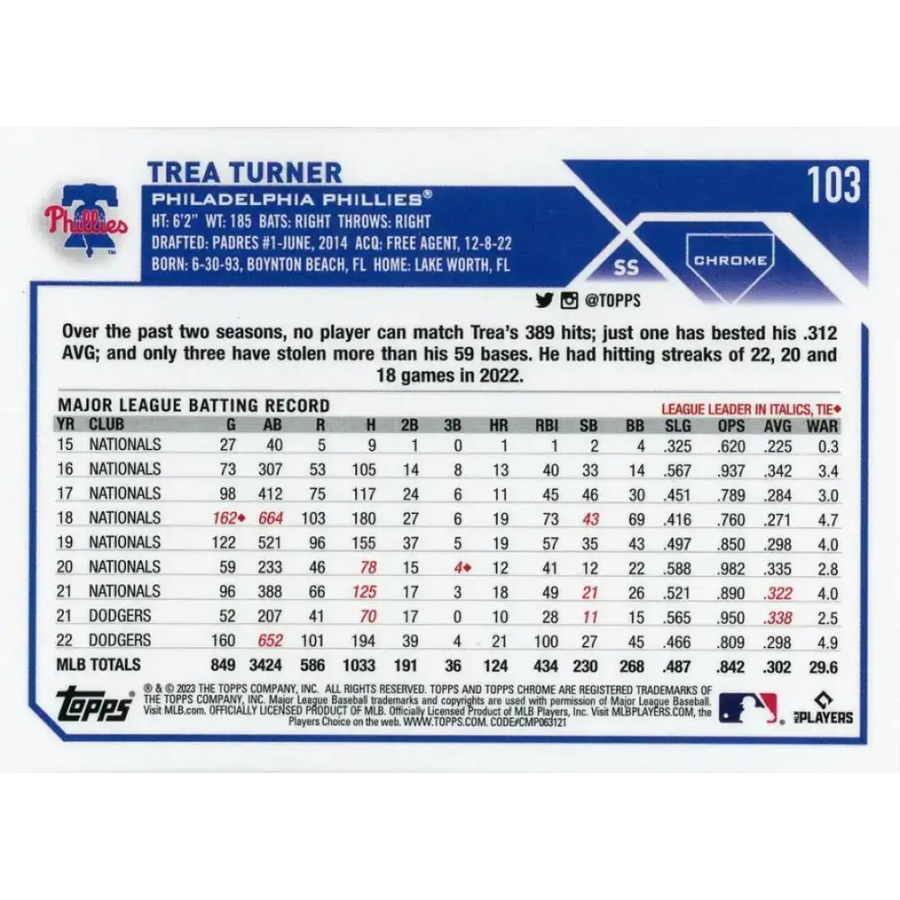2023 Topps Chrome #103 Trea Turner NM-MT Philadelphia Phillies Baseball Card - Baseball Card Single