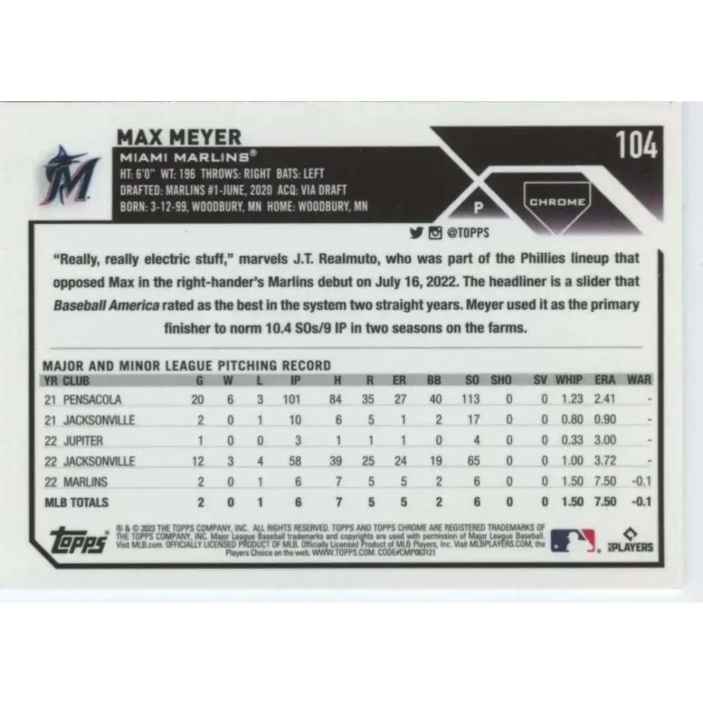 2023 Topps Chrome #104 Max Meyer NM-MT RC Rookie Miami Marlins Baseball Card - Baseball Card Single