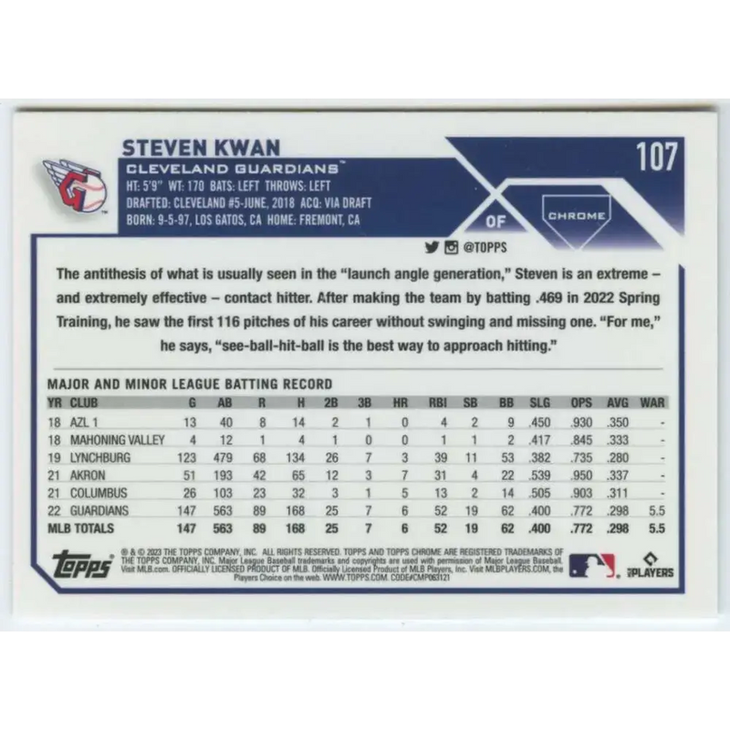 2023 Topps Chrome #107 Steven Kwan NM-MT Cleveland Guardians Baseball Card - Baseball Card Single
