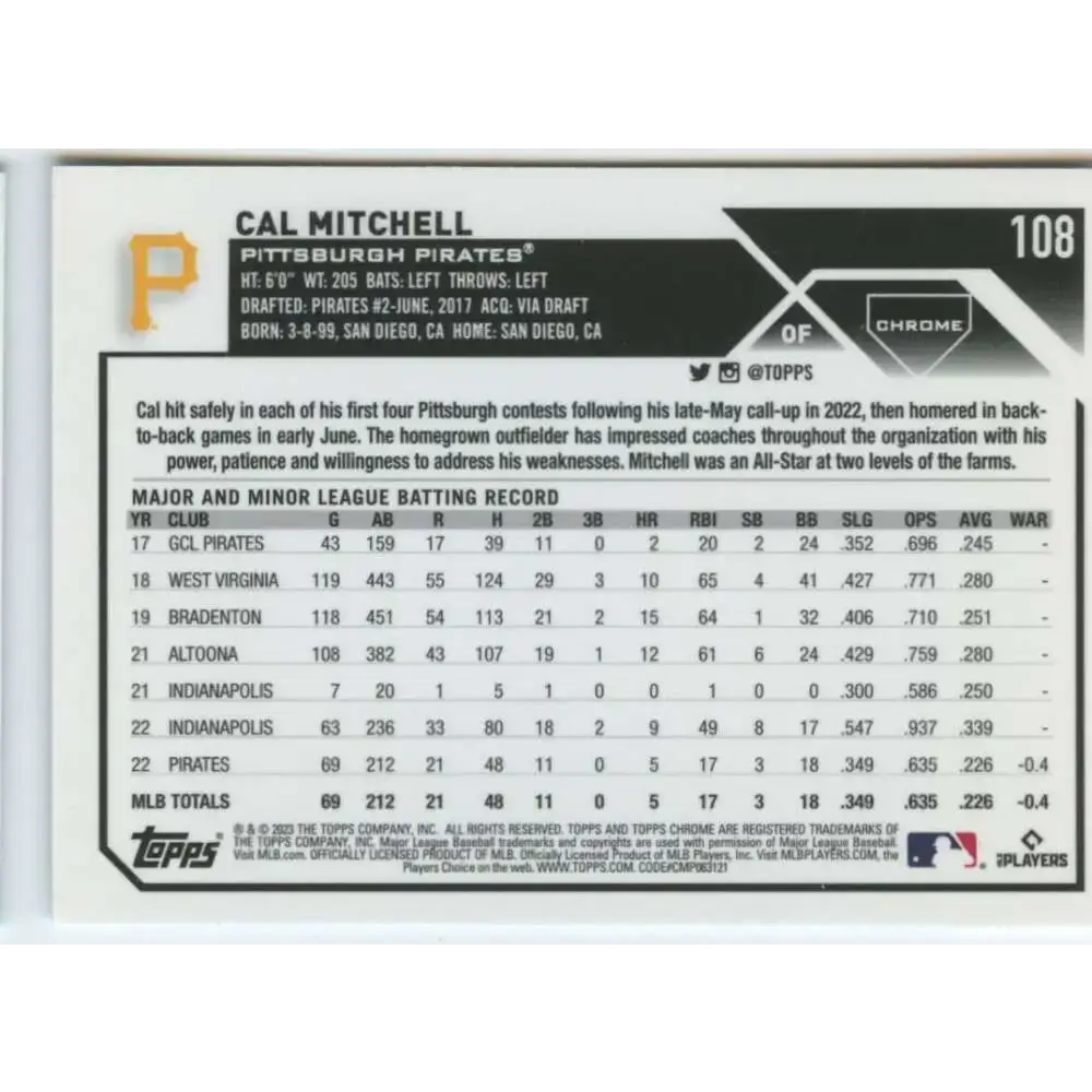 2023 Topps Chrome #108 Cal Mitchell NM-MT RC Rookie Pittsburgh Pirates Baseball Card - Baseball Card Single